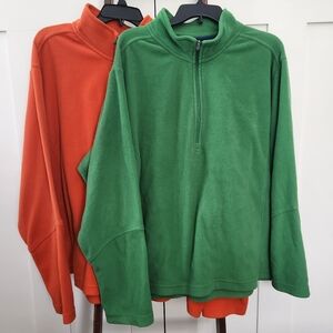Lot of 2 Lands End Men's Quarter-Zip Fleece Pullovers In Green And Orange